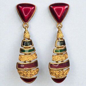 Vintage Anne Klein Articulating Drop Clip-On Earrings 2.7" Gold Tone Enamel Ruby